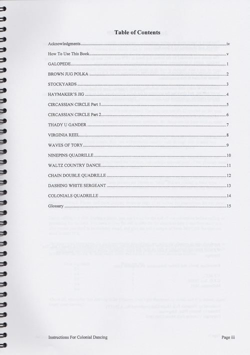Table of Contents page of "Instructions for Colonial Dancing" booklet